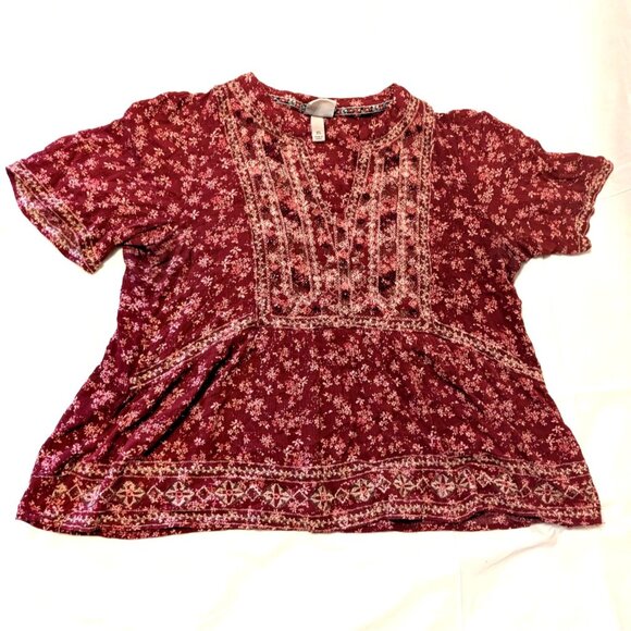 Knox Rose Womens XL Burgundy Boho Floral Print Blouse With Embroidered Details - Picture 1 of 7